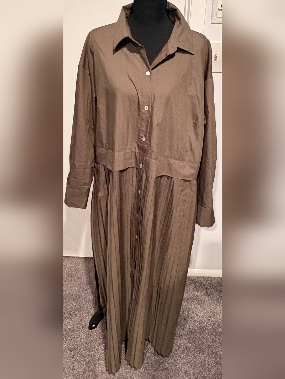 Zara Taupe Olive Green Long-Sleeve Pleated Maxi Shirt Dress